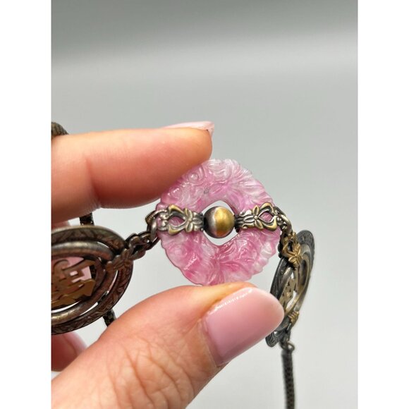 Asian Influenced Czech Glass Necklace Antique Pink Pressed Glass Necklace - Picture 5 of 16